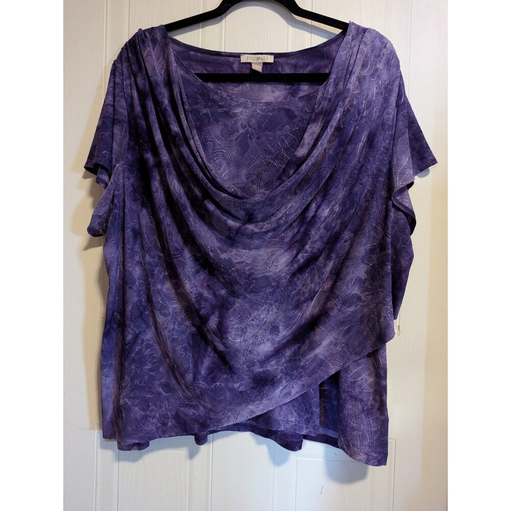 ROZ & ALI Women's Plus 3X Purple Paisley Cowl Neck Short Sleeve Knit Blouse Y2K